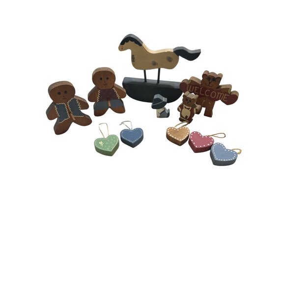 11 Piece Handcrafted Wooden Folk Art Home Decor Set Hearts Bear Rocking Horse - Picture 1 of 7